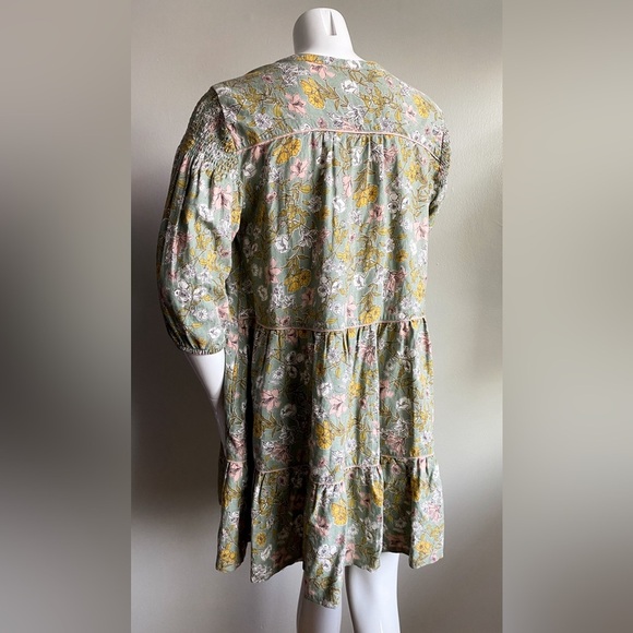 Cynthia Rowley Linen Babydoll Dress Puff Sleeves Floral Boho Green Pink Resort M - Picture 8 of 11
